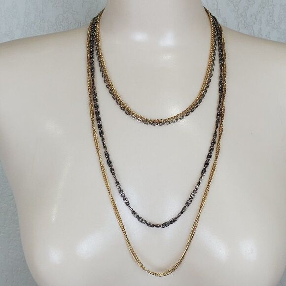Vtg Graduated Gold Silver Tone Multi-strand Curb Rolo Chain Mixed Metal Necklace - Picture 1 of 9